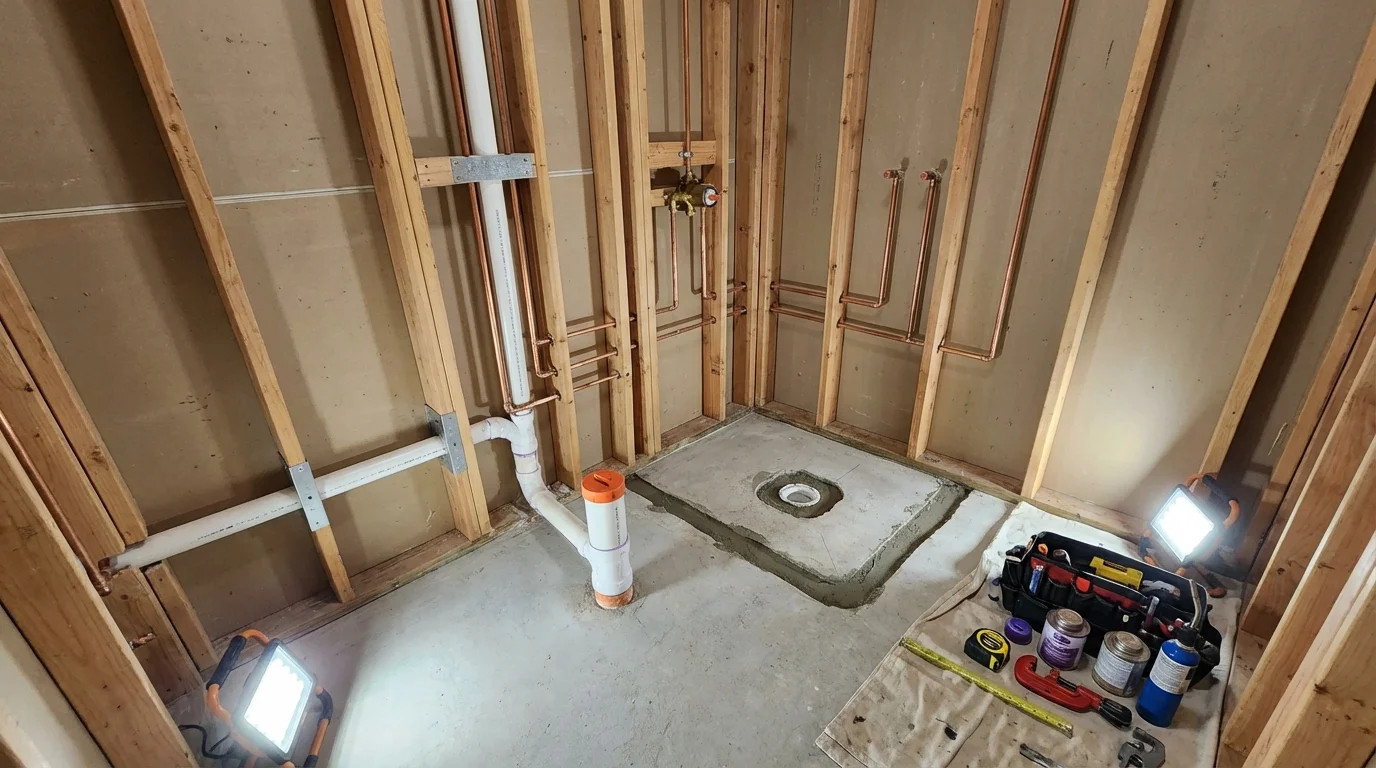 Bathroom rough-in plumbing during remodel by Johns Plumbing LLC in West Brookfield