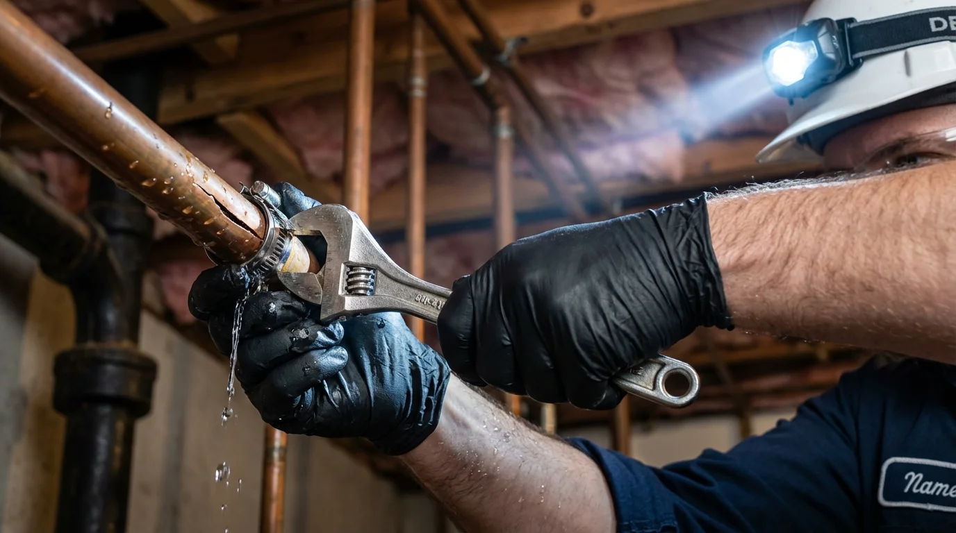 Emergency pipe clamp repair being performed by a Johns Plumbing LLC plumber in West Brookfield