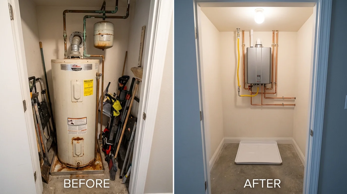 Tank water heater versus wall-mounted tankless unit comparison for West Brookfield, MA homeowners