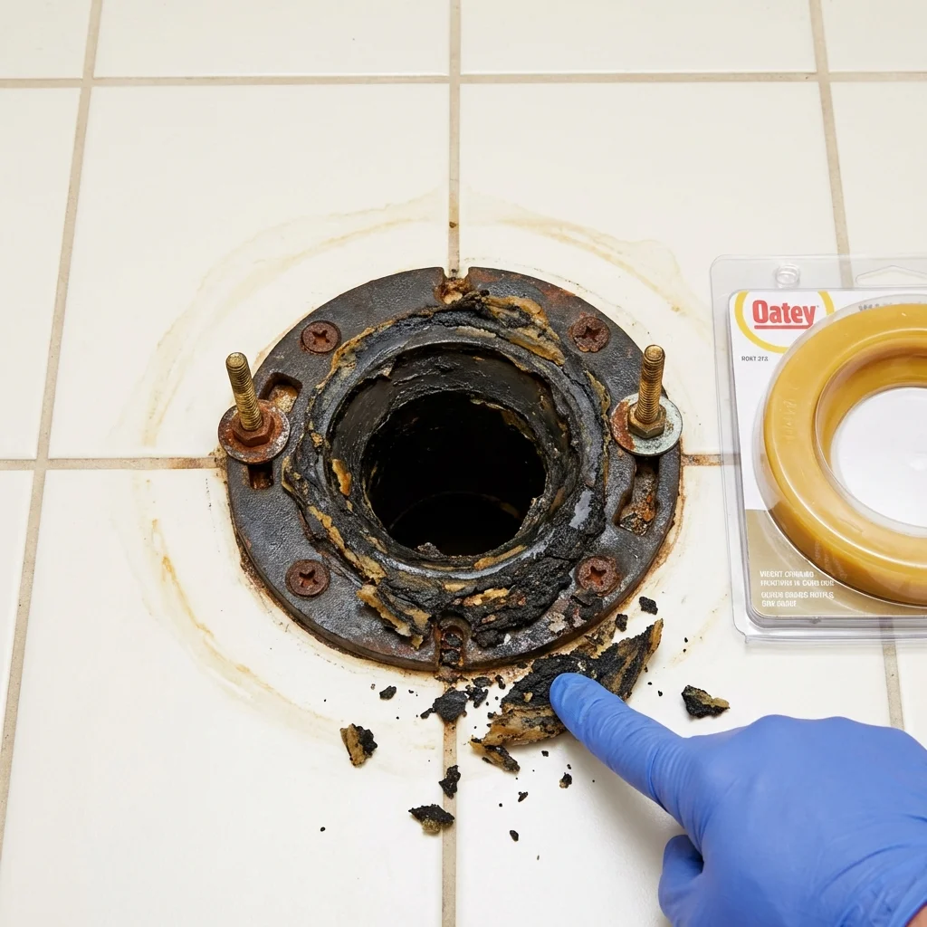 Failed wax ring showing water seepage at the base of a toilet in a West Brookfield, MA home