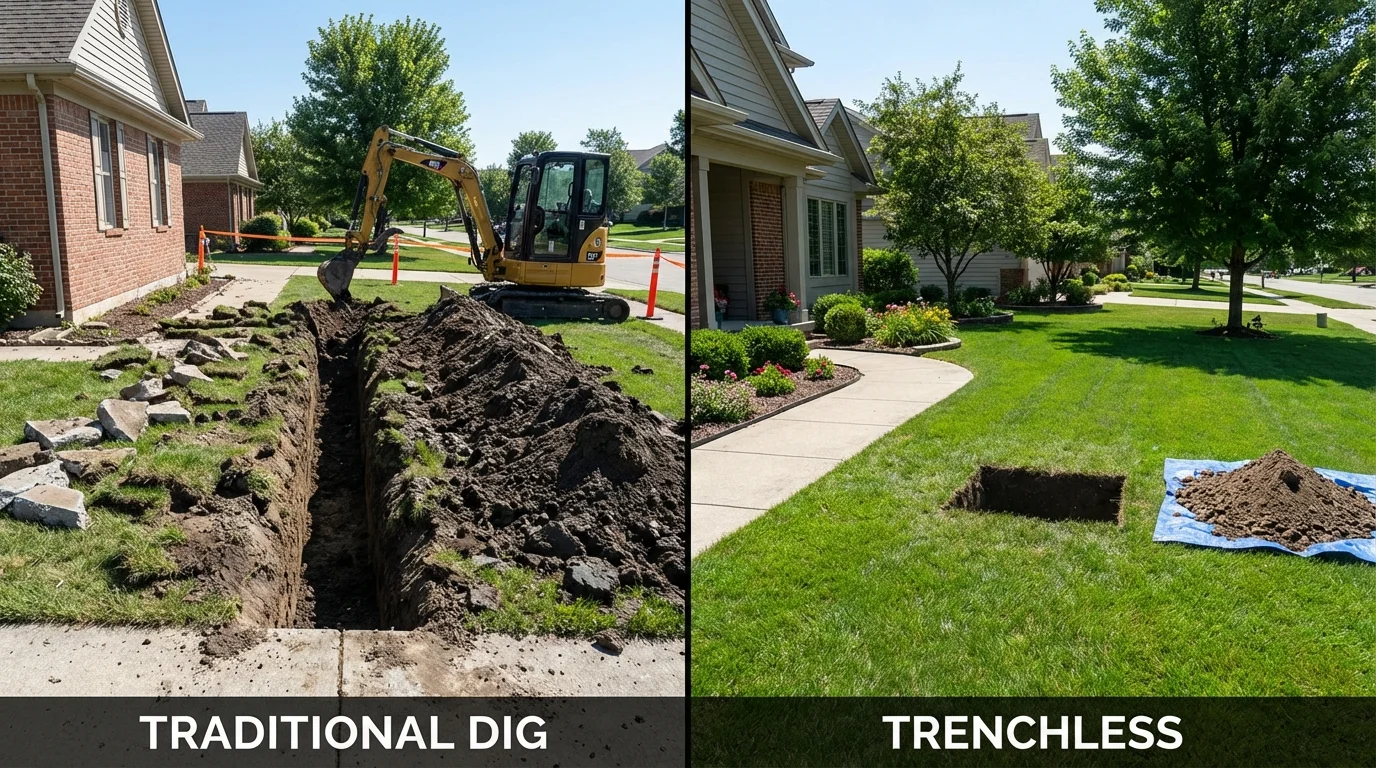 Trenchless sewer repair with minimal yard damage versus traditional excavation in West Brookfield, MA