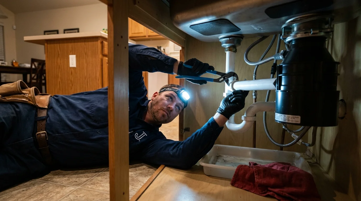 P-trap and supply line connections under a kitchen sink showing a common leak point in West Brookfield, MA